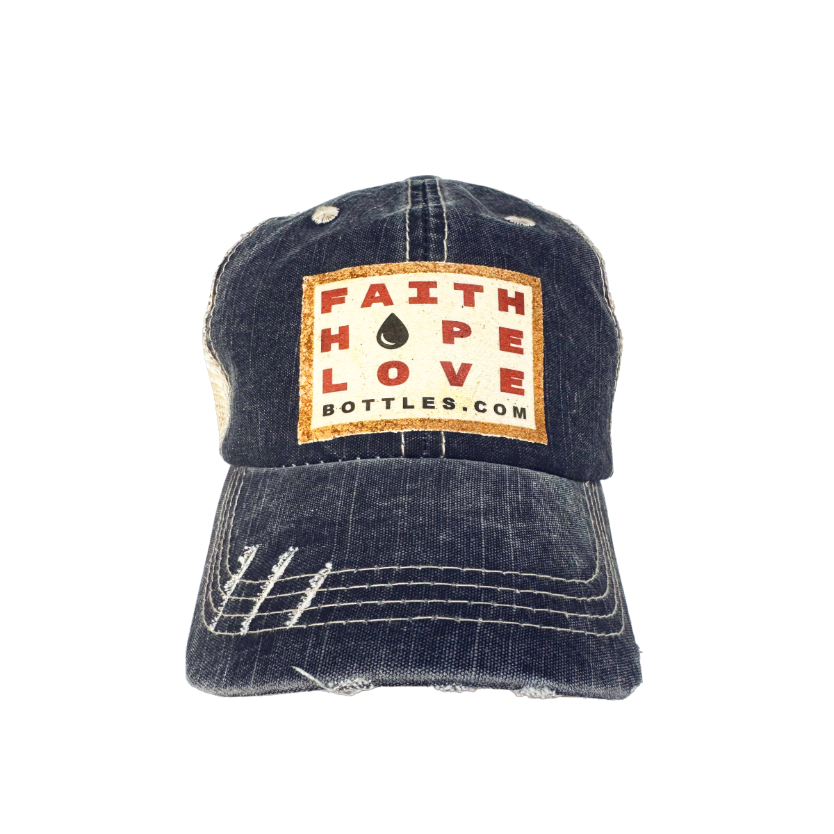 Distressed Trucker Hat with Vintage Faith Hope Love Patch - Faith Hope Love | Affirmation Bottles & Products for the mind, body & soul - by Molor