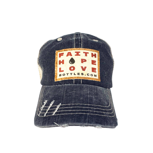 Distressed Trucker Hat with Vintage Faith Hope Love Patch - Faith Hope Love | Affirmation Bottles & Products for the mind, body & soul - by Molor