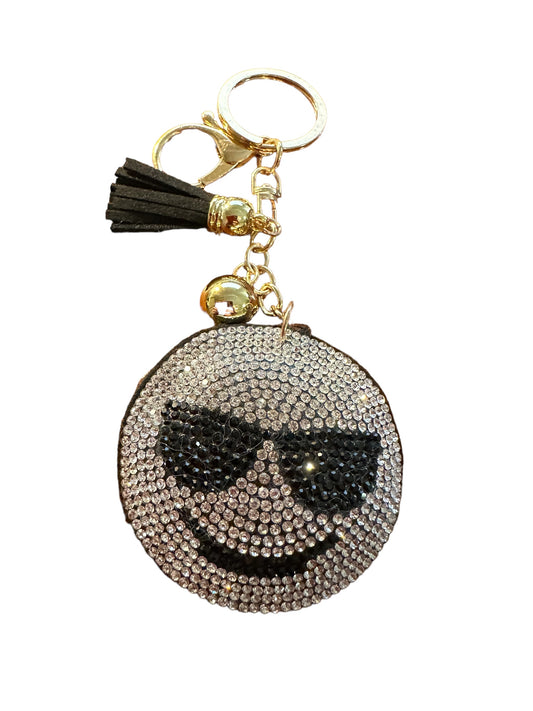Sparkling Charm Glitter Round Key Chain with Smiling Face and Stylish Black Sunglasses - MOLOR