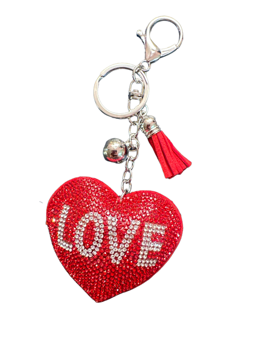 Keychain - Glitter Heart Shape Red With Love In Clear