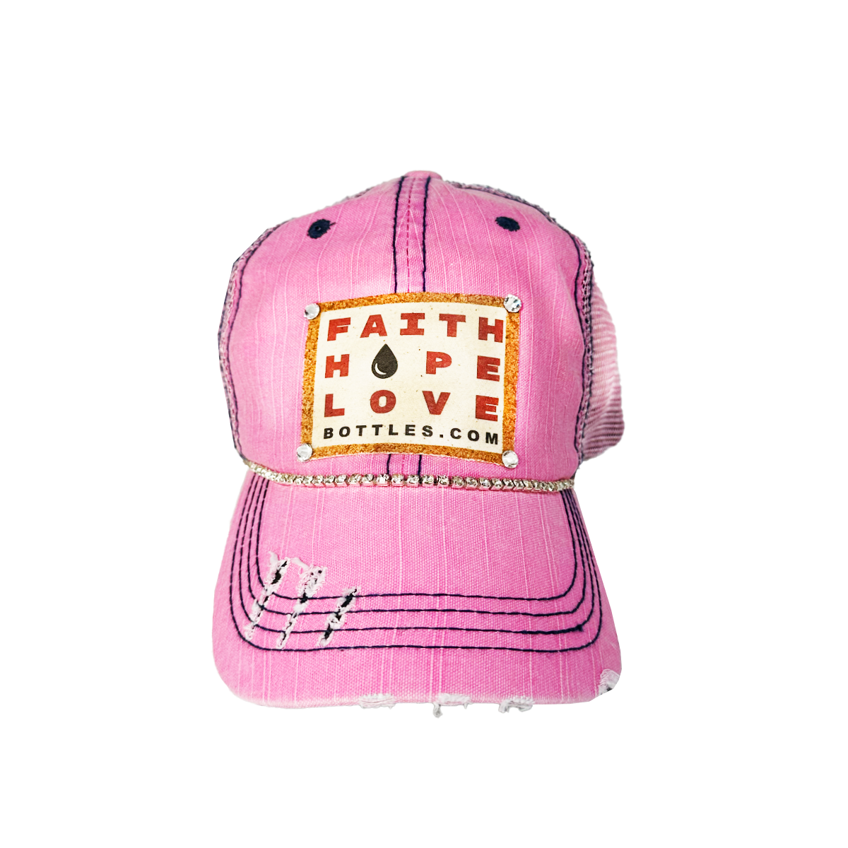 Pink Rhinestone Trucker Hat with Faith Hope Love Patch